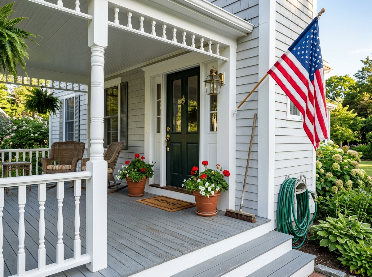 Porch, driveway and backyard