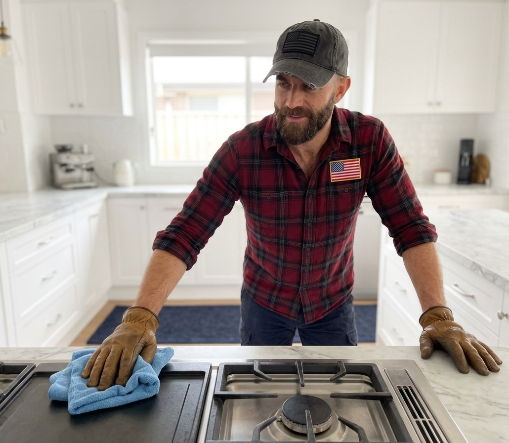 Mike, bearded handyman in a plaid flannel and flag cap, wiping down a kitchen
